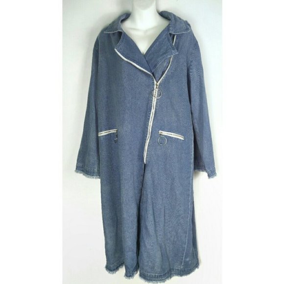 Rehab blue denim long coat jacket with removable hood y2k - Picture 2 of 14